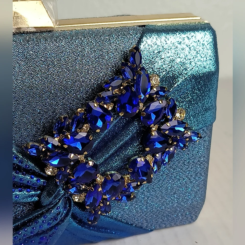 Exquisite Shimmer Multi Blue Satin Evening Clutch Bag Clasp Closure Metallic